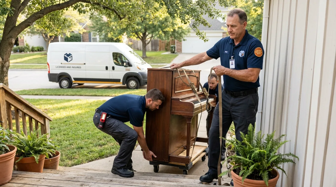 Licensed piano movers securing grand piano in Norfolk, VA