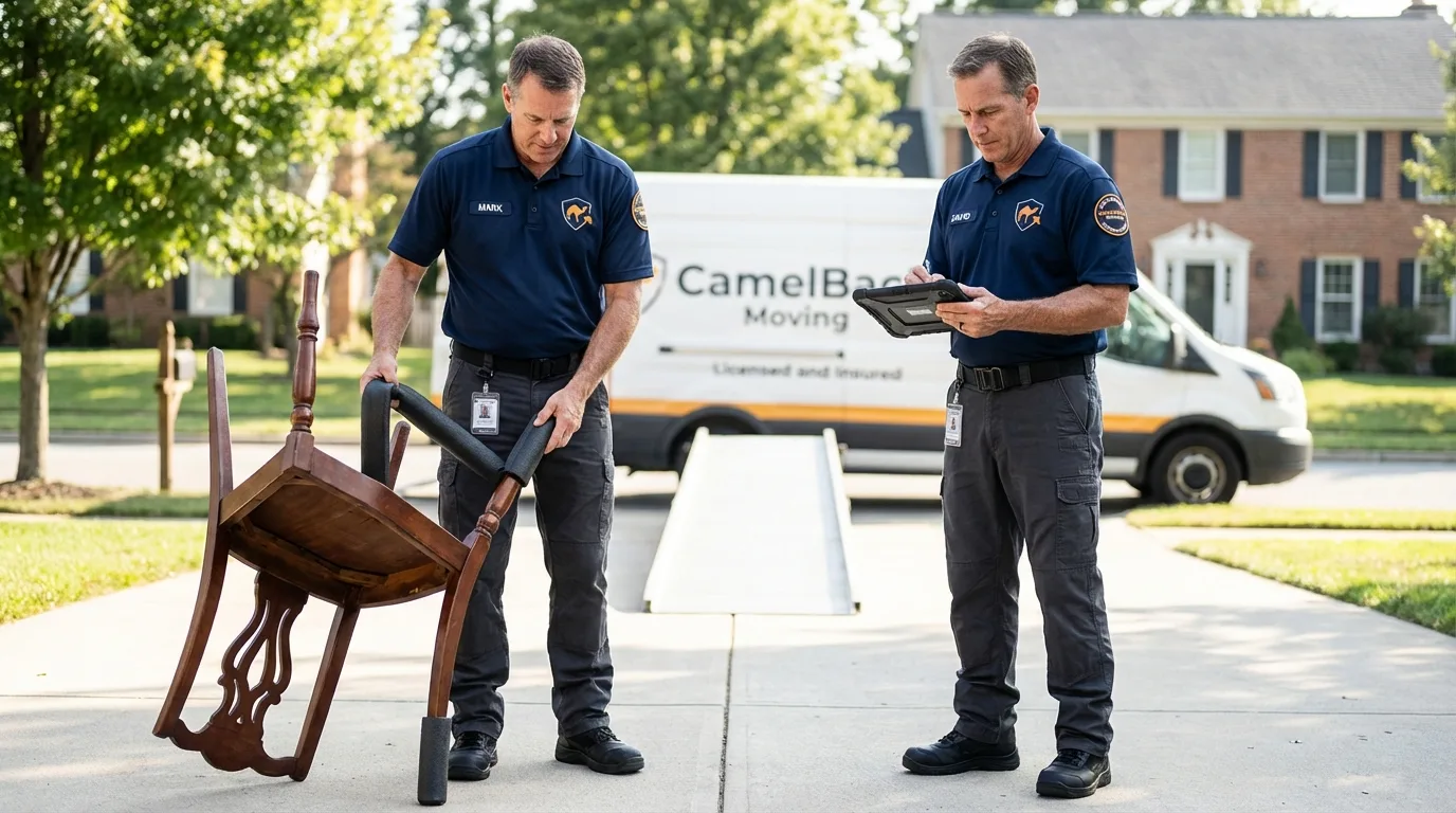 Movers inspecting furniture for damage prevention before loading in Norfolk, VA